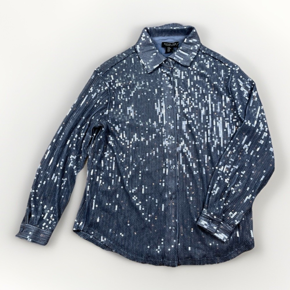 Rachel Zoe Sequin Button Down Shirt Sz M Blue Purple Long Sleeve Blouse Party